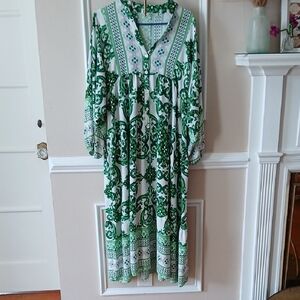 Green and White Printed Maxi Dress - Boho Floral Pattern  Cotton